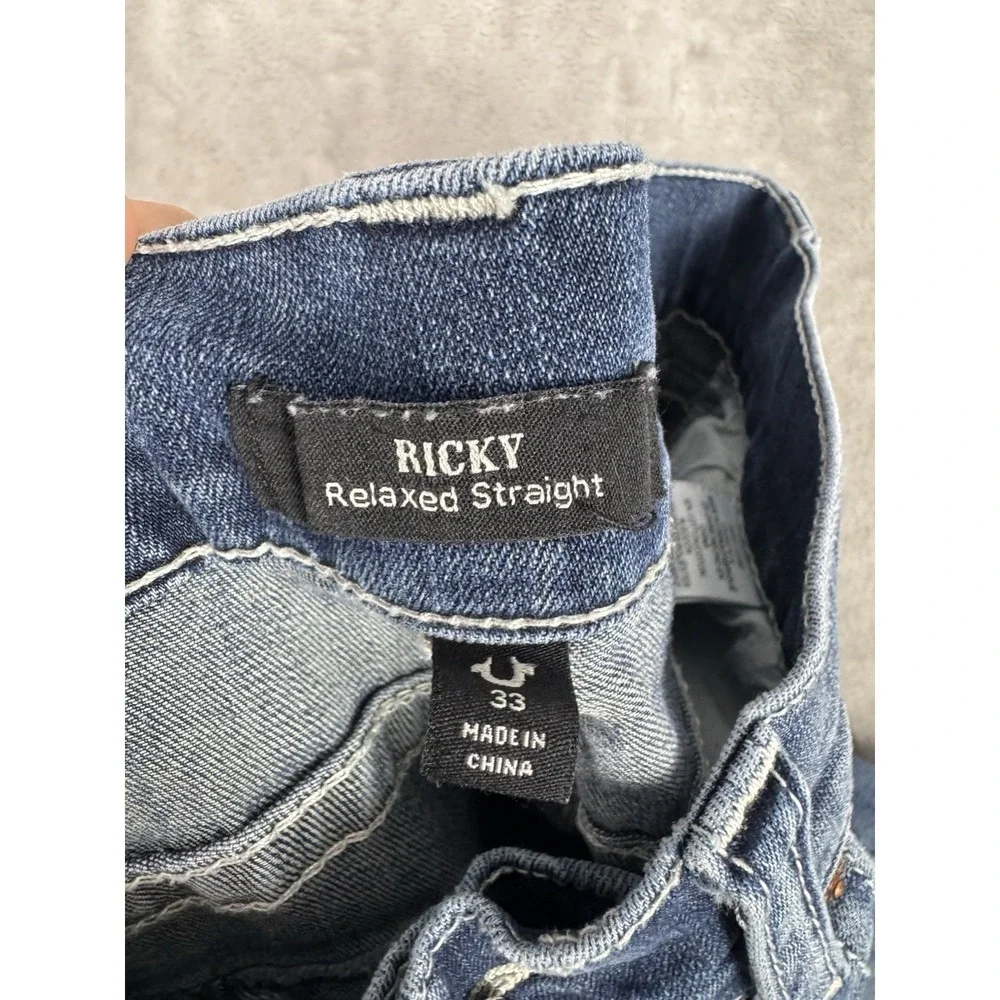 True Religion Ricky Relaxed Straight Blue Denim Jeans Mens 33 (fits 34x32)